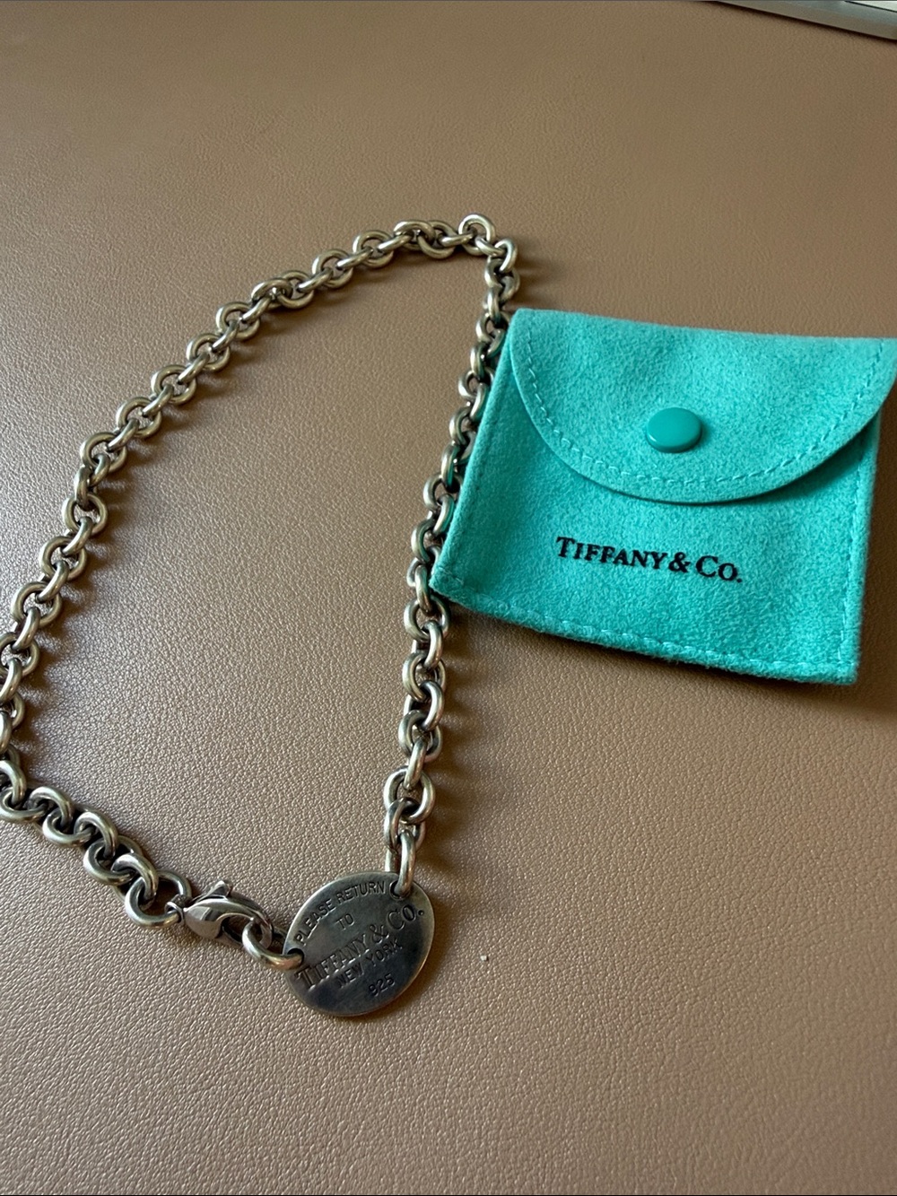Tiffany & Co. Silver Link Necklace with Turquoise Pouch